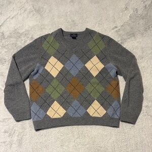 Brooks Brothers Lambswool Argyle Sweater V-Neck Grey Blue Academia Preppy Large